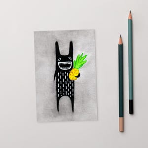4x6 KUNSTDRUCK POSTKARTE Kaninchen Monster Ananas Folk Kunst Lustige Karten Wunderliche Wand Kunst Schräg Niedliches Housewarming Geburtstagsgeschenk schrulligen Goth