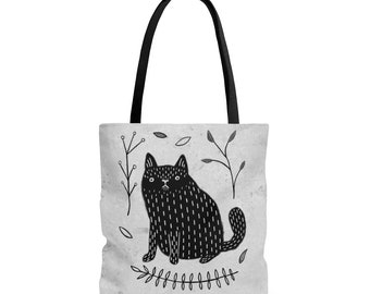 TOTE BAG Black Cat Art Plants Gothic Birthday Housewarming Whimsical Cute Quirky Weird Accessories Cat Valentine Gifts Grocery Bag Botanical