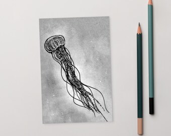 4x6" ART PRINT POSTCARD Jellyfish Housewarming Gifts Ocean Home Decor Beach Theme Coastal Wall Art Fish Painting Gift Ideas Deep Sea Art