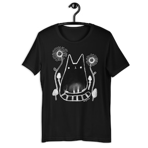 STRAIGHT CUT T-SHIRT Black Cat Mushroom Flowers Shirt Folk Art Forest Quirky Whimsical Birthday Gifts Fungi Floral Weird Gift Witchy Cats