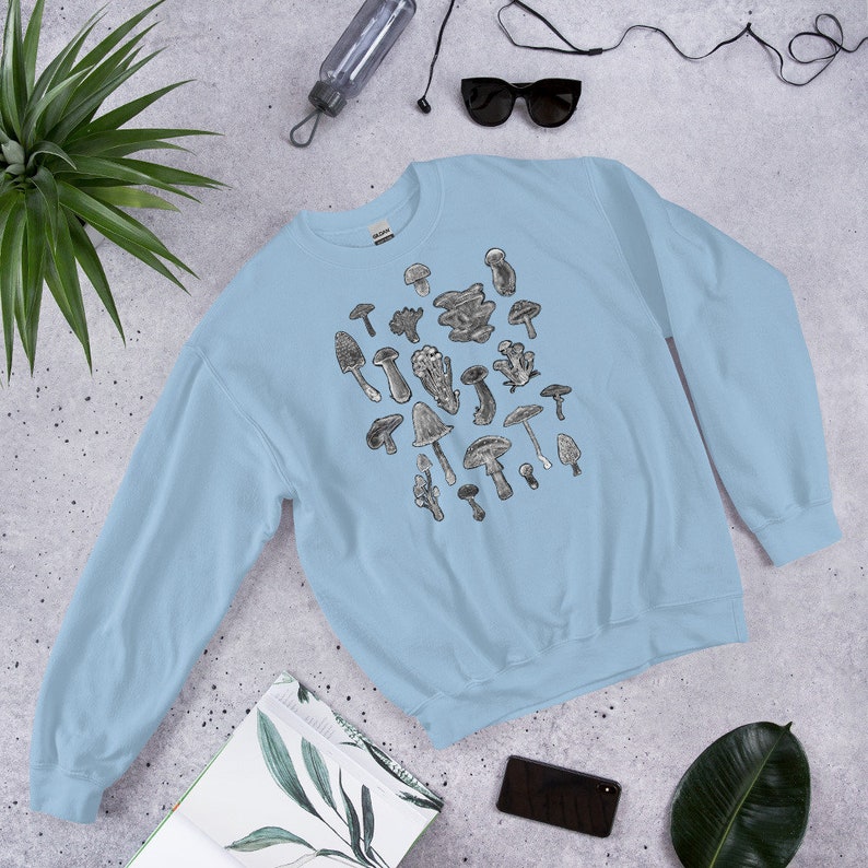 CLASSIC SWEATSHIRT Mushroom Sweater Cottagecore Dark Academia Art Mushroomcore Birthday Gift Weird Botanical Forest Plants Witchcore Light Blue