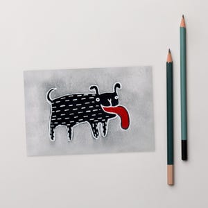 CARTÃO POSTAL COM IMPRESSÃO DE ARTE 4x6 Cachorro Preto Pug Frenchie Cartão de Arte Folclórica Ilustração Caprichosa Presente de Inauguração de Casa Estranho e Bonito Cartão de Aniversário Filhote de Cachorro Peculiar