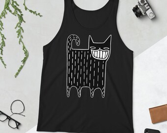 Può includere: Canotta nera con una grafica bianca di un gatto nero sorridente con un motivo a righe.