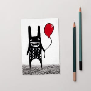 10x15cm KUNSTDRUCK POSTKARTEN Party Monster Kaninchen Geburtstag Luftballons Geburtstagskarte Schrullig Skurril Volkskunst Feier Housewarming Geschenk