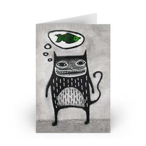 GREETING CARD Black Cat Folk Art Blank Card Whimsical Fish Illustration Weird Cute Housewarming Birthday Gifts Quirky Funny Cards