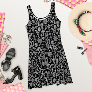 MUSHROOM DRESS Cottagecore Goblincore Dark Academia Emo Skater Black and White A-Line Gothic Fit and Flare Mycology Rockabilly Goth Punk