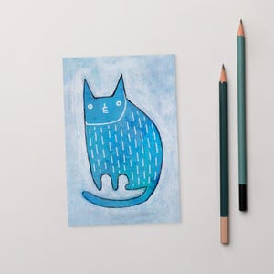4x6 ART PRINT POSTCARD Blue Cat Folk Art Kawaii Housewarming Cat Lover Presentes de aniversário Arte de parede caprichosa e peculiar Gatos abstratos caprichosos