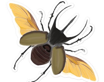 May include: A stylized illustration of a beetle with large, yellow wings. The beetle has a black head with long, pointed horns and a brown body with a textured pattern.