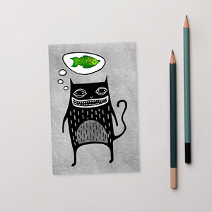 4 x 6 ART PRINT CARTE POSTALE Chat noir poisson Art folklorique lunatique chat amoureux cadeau Art mural mignon étrange pendaison de crémaillère cadeaux d'anniversaire cartes drôles originales