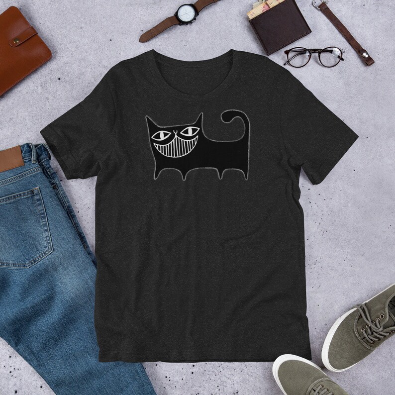GERADE SCHNITT T-SHIRT Schwarze Katze Shirt Rundhals Unisex Folk Kunstdruck schrullig wunderlich niedlich Geburtstag Housewarming Geschenke Lustige seltsame Hemden Black Heather