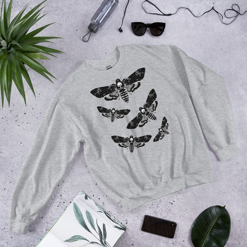 CLASSIC SWEATSHIRT Moth Sweater Folk Art Insect Birthday Housewarming Gifts Weird Botanical Forest Bugs Hawkmoth Creepy Horror Goth Punk Emo Sport Grey