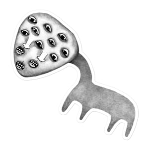 May include: A black and white illustration of a creature with a head full of eyes and a long, thin body with four legs.