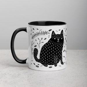 11oz COFFEE MUG Black Cat Folk Art Cottagecore Housewarming Birthday Gifts Cute Weird Stuff Quirky Tea Ceramic Gothic Witchy Goth Kawaii