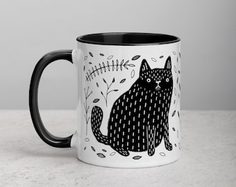 11oz COFFEE MUG Black Cat Folk Art Cottagecore Housewarming Birthday Gifts Cute Weird Stuff Quirky Tea Ceramic Gothic Witchy Goth Kawaii