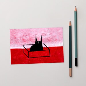 CARTOLINA STAMPATA ARTISTICA 4x6 Gatto nero in scatola Gatto kawaii Gatto eccentrico Compleanno Stravagante Carino Inaugurazione della casa Gotico Divertente Cartoline di gatto Scoperte primaverili