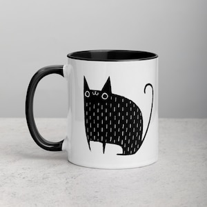11oz COFFEE MUG Black Cat Folk Art Housewarming Birthday Gifts Funny Cute Fluffy Witchy Black Cat Weird Stuff Quirky Tea Ceramic Mug Gifts