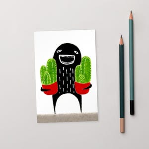 4 x 6 impression d'ART CARTE POSTALE Cactus monstre Kawaii art folklorique amoureux des plantes cadeaux plantes d'intérieur originaux cadeaux de pendaison de crémaillère cadeau d'anniversaire drôle lunatique