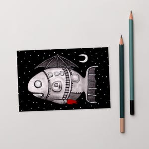 4 x 6 ART PRINT CARTE POSTALE poisson engin vaisseau spatial fusée cadeau d'anniversaire drôle pendaison de crémaillère art folklorique lunatique original espace étrange surréaliste