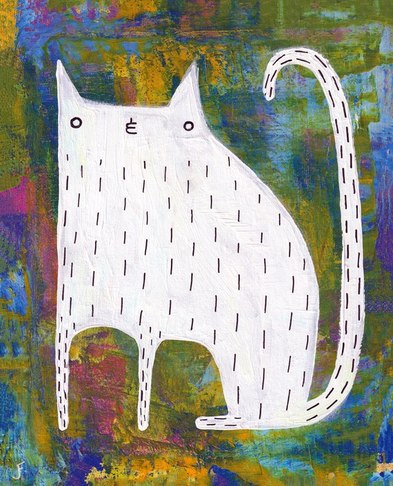 8x10 ART PRINT Cat Folk Art Painting Quirky Art Whimsical Wholesome Housewarming Home Decor Cat People Gifts Weird Stuff Cute Birthday Gift