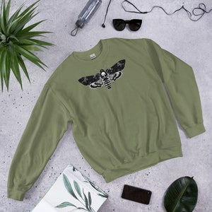 CLASSIC SWEATSHIRT Moth Sweater Folk Art Dark Academia Gothic Aesthetic Birthday Gifts Forest Death's-Head Hawkmoth Goth Horror Insect Military Green