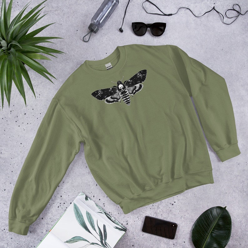 CLASSIC SWEATSHIRT Moth Sweater Folk Art Dark Academia Gothic Aesthetic Birthday Gifts Forest Death's-Head Hawkmoth Goth Horror Insect Military Green