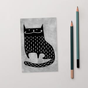 4 x 6 ART PRINT CARTE POSTALE Chat noir art folklorique cadeau d'anniversaire lunatique mignon étrange décalé pendaison de crémaillère Art brut drôle gothique kitty art mural