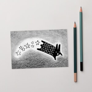 CARTÃO POSTAL ARTÍSTICO 4x6 Coelho Espacial Coelho Kawaii Presente de Aniversário Inauguração de Casa Arte Folclórica Animais Fofos Presente Caprichoso Coelho Preto Estrelas Saltitantes