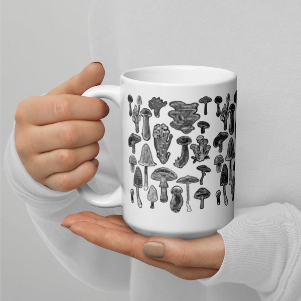 Mug à café de 15 oz, impression d'art folklorique aux champignons, cadeau d'anniversaire de pendaison de crémaillère, illustration de la forêt, cadeau de thé original et étrange en céramique, cadeau meilleur ami