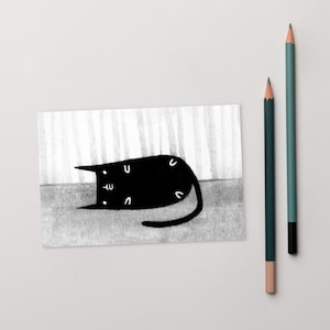 4x6 KUNSTDRUCK POSTKARTE Schwarze Katze Kawaii Kitty Volkskunst süsses, schrulliges, wunderliches Geschenk Geburtstagskarten Katzenliebhaber Geschenke