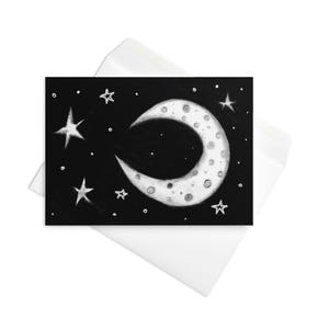 Carte de voeux croissant de lune étoiles espace paysage spatial pendaison de crémaillère Illustration étranger folk nuit ciel carte d'anniversaire cadeau fantaisiste