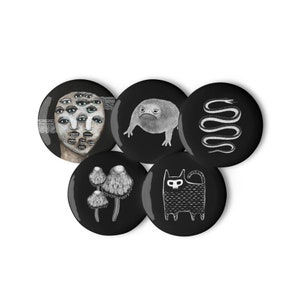 PIN BUTTONS SET 5 Pinback Buttons Goth Goblincore Horror Folk Art Dark Academia Creepy Witchy Birthday Gift Weirdcore Gothic Punk Emo Cat