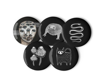 PIN BUTTONS SET 5 Pinback Buttons Goth Goblincore Horror Folk Art Dark Academia Creepy Witchy Birthday Gift Weirdcore Gothic Punk Emo Cat