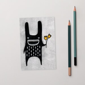 CARTÃO POSTAL ARTÍSTICO 4x6, Coelho, Flor, Kawaii, Monstro, Arte Popular, Presente de Aniversário, Caprichoso, Fofo, Estranho, Peculiar, Primavera, Inauguração de Casa, Tulipa, Coelho Engraçado