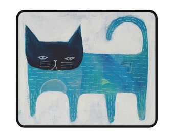 MOUSEPAD Non-Slip Blue Cat Whimsical Folk Art Illustrations Cat Office Gifts Cottagecore Gothic Birthday Housewarming Cute Quirky Funny Gift