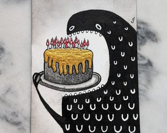 ACEO ORIGINAL ART Birthday Monster Cake Party Folk Art Miniature Collectible Card Illustration Funny Birthday Gifts Weird Housewarming Weird