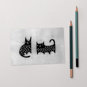4x6 ART PRINT POSTCARD Gato preto Kawaii Gatos Arte popular Cartão fofo, peculiar e caprichoso Arte estranha Presente de inauguração de casa Cartões de aniversário Presentes para amantes de gatos