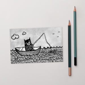 4x6 IMPRESSÃO DE ARTE CARTÃO POSTAL Gato Preto Barco Vela Viagem de Pesca Kawaii Gatos Arte Popular Desenho Acampamento Cottage Ilustração Caprichoso Oceano Navio Iate