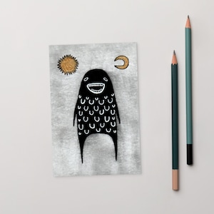 4x6 KUNSTDRUCK POSTKARTE Sonne und Mond Monster Außenseiter Volkskunst Einweihungsparty Karten Illustration Einladungen Skurril Gruselig Seltsam Lustig Geschenke