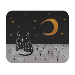 May include: A black cat with white spots sits in a field of white flowers under a crescent moon and a starry night sky.