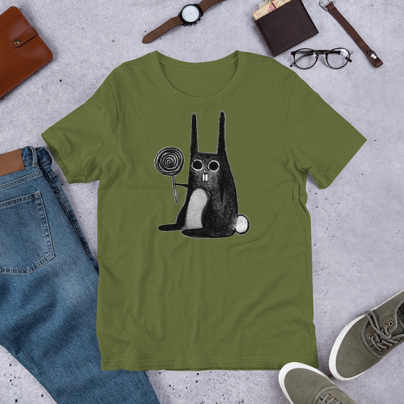 STRAIGHT CUT T-SHIRT Weird Rabbit Shirt Folk Art Gothic Birthday Housewarming Gifts Creepy Cute Funny Shirts Lollipop Candy Goth Creep Bunny Olive