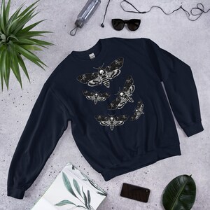 CLASSIC SWEATSHIRT Moth Sweater Folk Art Insect Birthday Housewarming Gifts Weird Botanical Forest Bugs Hawkmoth Creepy Horror Goth Punk Emo Navy