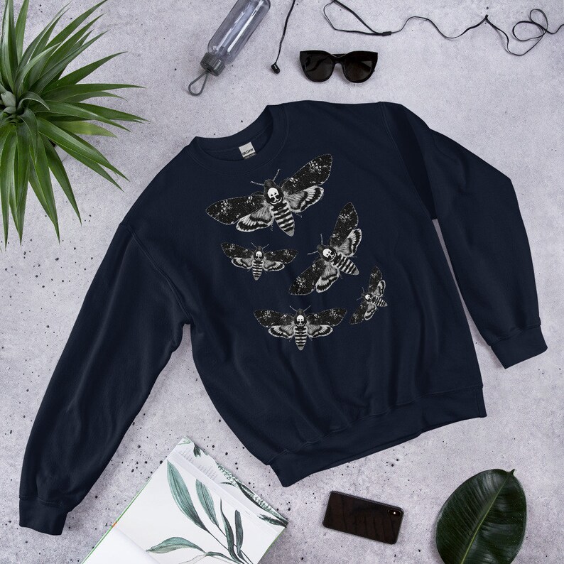 CLASSIC SWEATSHIRT Moth Sweater Folk Art Insect Birthday Housewarming Gifts Weird Botanical Forest Bugs Hawkmoth Creepy Horror Goth Punk Emo Navy