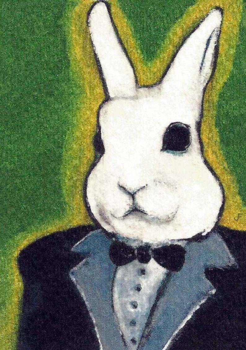 ACEO ART PRINT White Rabbit in Tuxedo Spring Paintings Folk Art Cute Illustration Trading Card Whimsical Housewarming Funny Birthday Gifts