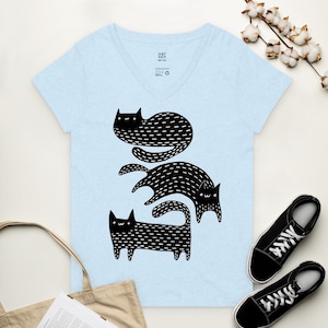V-NECK T-SHIRT Black Cat Shirt Folk Art Birthday Housewarming Gifts Funny Cute Kitty Shirts Whimsical Gift Gothic Cats Weird Art Witchy Goth Crystal Blue