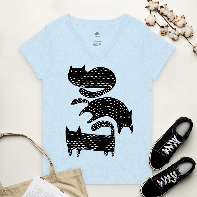 V-NECK T-SHIRT Black Cat Shirt Folk Art Birthday Housewarming Gifts Funny Cute Kitty Shirts Whimsical Gift Gothic Cats Weird Art Witchy Goth Crystal Blue