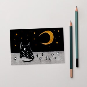 Cartão postal impresso de arte 4x6, gato preto, paisagem, gatinho kawaii, arte popular, fofo, peculiar, caprichoso, estranho, presente de inauguração de casa, cartão de aniversário, presentes para amantes de gatos
