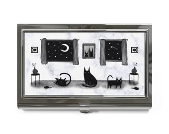 BUSINESS CARD HOLDER Black Cat House Kitty Birthday Housewarming Whimsical Creepy Cute Quirky Gothic Goth