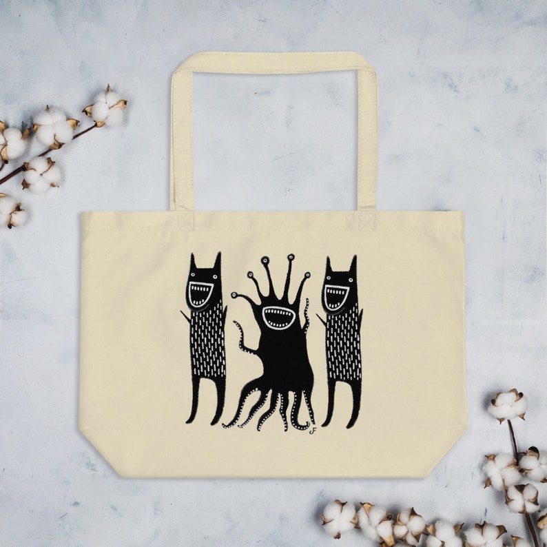 LARGE TOTE BAG Monsters Organic Folk Art Print Monster Birthday Gifts Housewarming Grocery Shopping Essentials Cute Weird Funny Illustration image 1