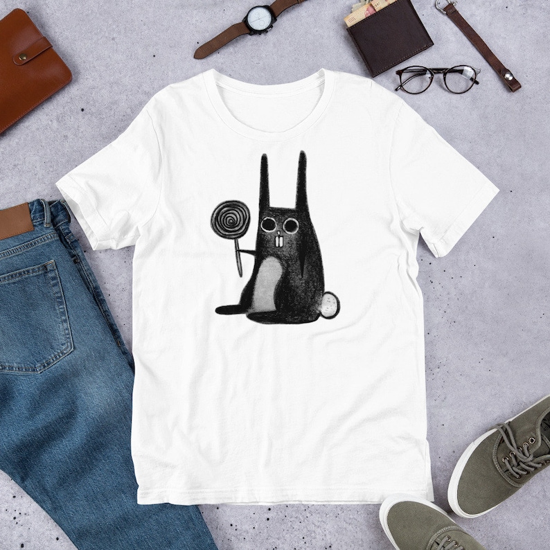 STRAIGHT CUT T-SHIRT Weird Rabbit Shirt Folk Art Gothic Birthday Housewarming Gifts Creepy Cute Funny Shirts Lollipop Candy Goth Creep Bunny White