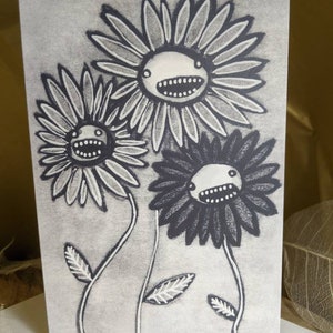 PREMIUM GREETING CARD Flower Monster Folk Art Blank Card Whimsical Illustration Weird Creepy Goth Housewarming Birthday Gifts Quirky Cryptid